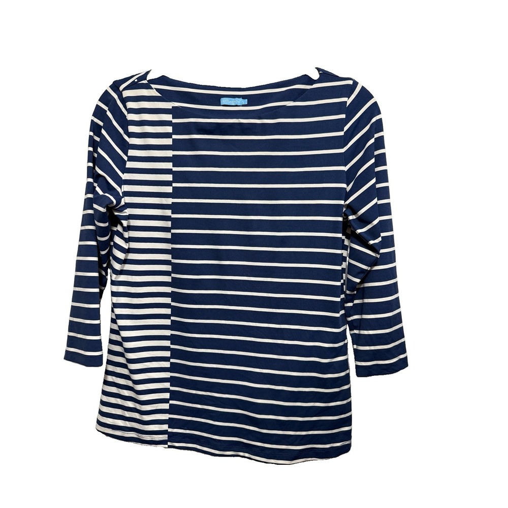 J. McLaughlin Size S Catalina Fabric Blue White Stripe 3/4 Sleeve Stretch Top